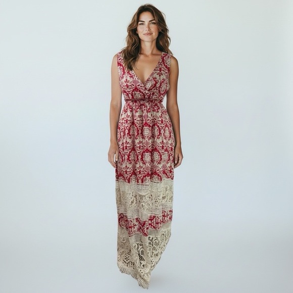 Sunday in Brooklyn Dresses & Skirts - Sunday in Brooklyn Women's M Sleeveless‎ Tiered Crochet Lace Maxi Dress Red EUC